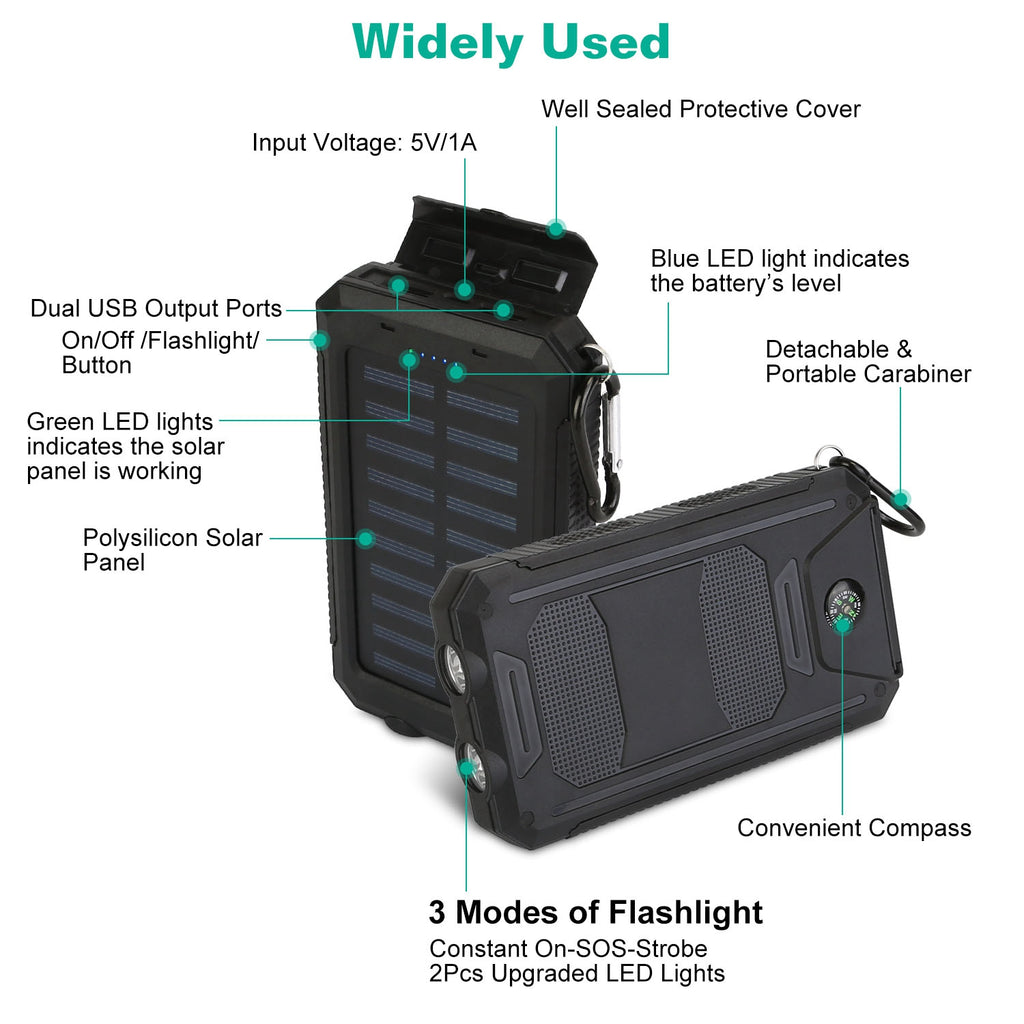 1Pc 10000MAh Solar Power Bank External Battery Pack Dual USB Interface Outdoor Charger With Battery Indicators SOS LED Lights Compass Camping Hiking