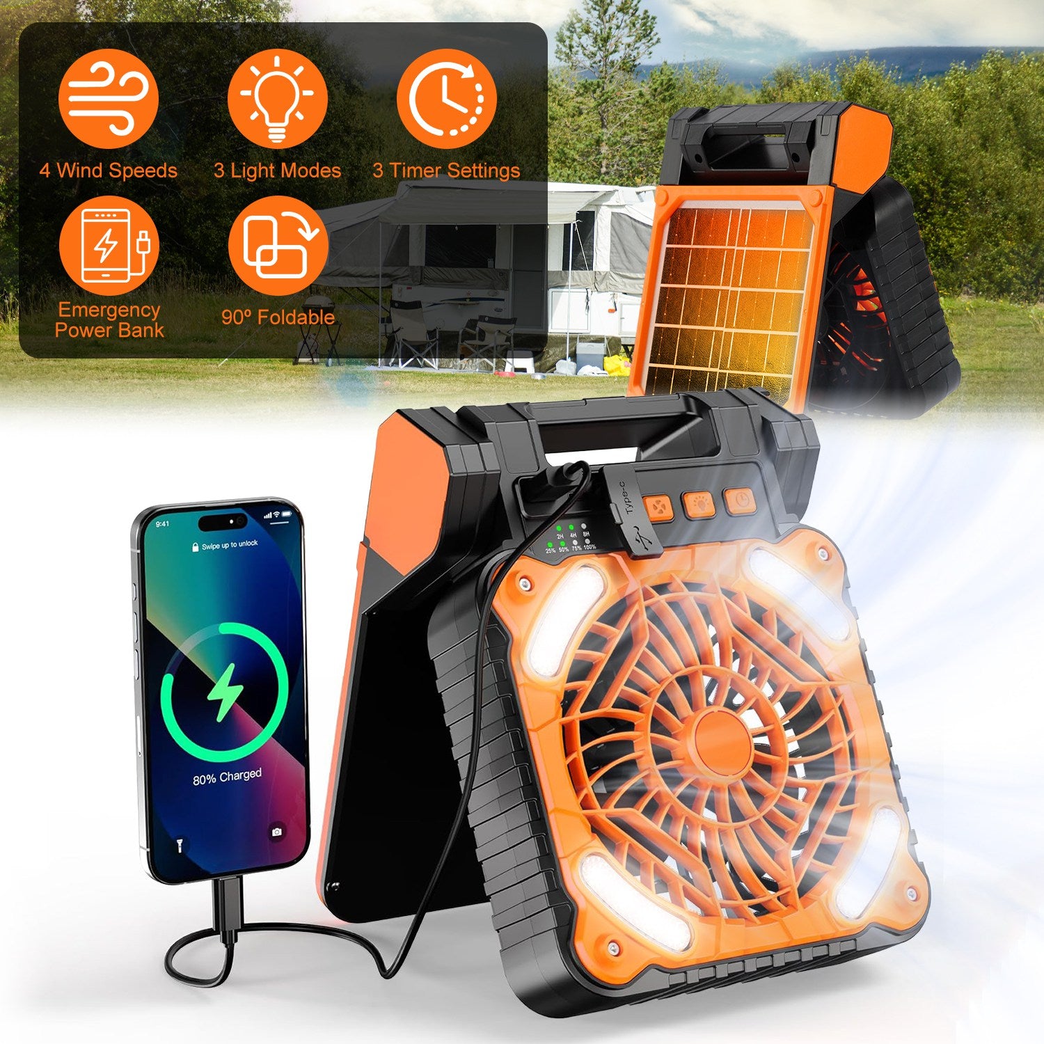 Solar Camping Fan With LED Lantern 5200mAh Rechargeable Battery Operated Portable Fan With Emergency Power Bank 4 Wind Speeds 3 Light Modes 3 Timers For Hiking Fishing Travel