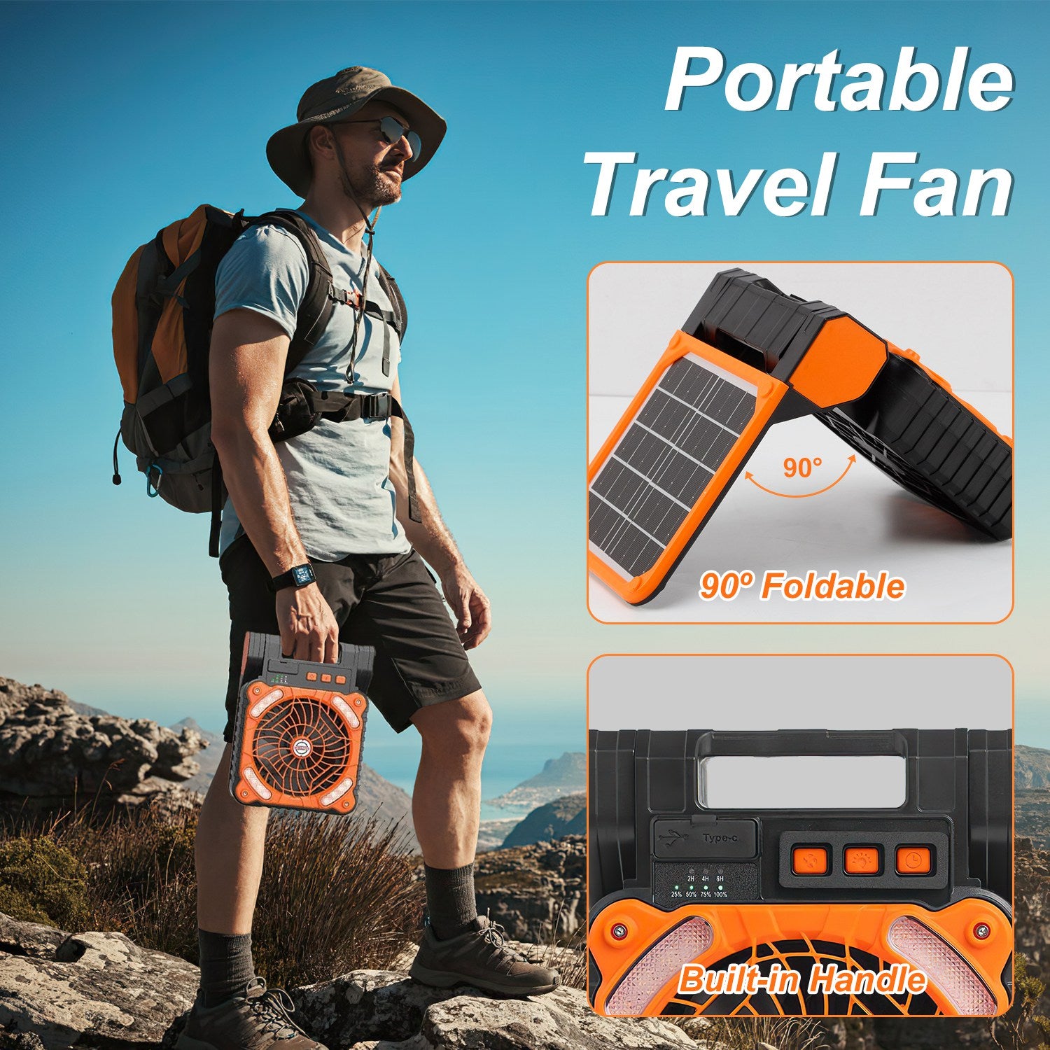 Solar Camping Fan With LED Lantern 5200mAh Rechargeable Battery Operated Portable Fan With Emergency Power Bank 4 Wind Speeds 3 Light Modes 3 Timers For Hiking Fishing Travel