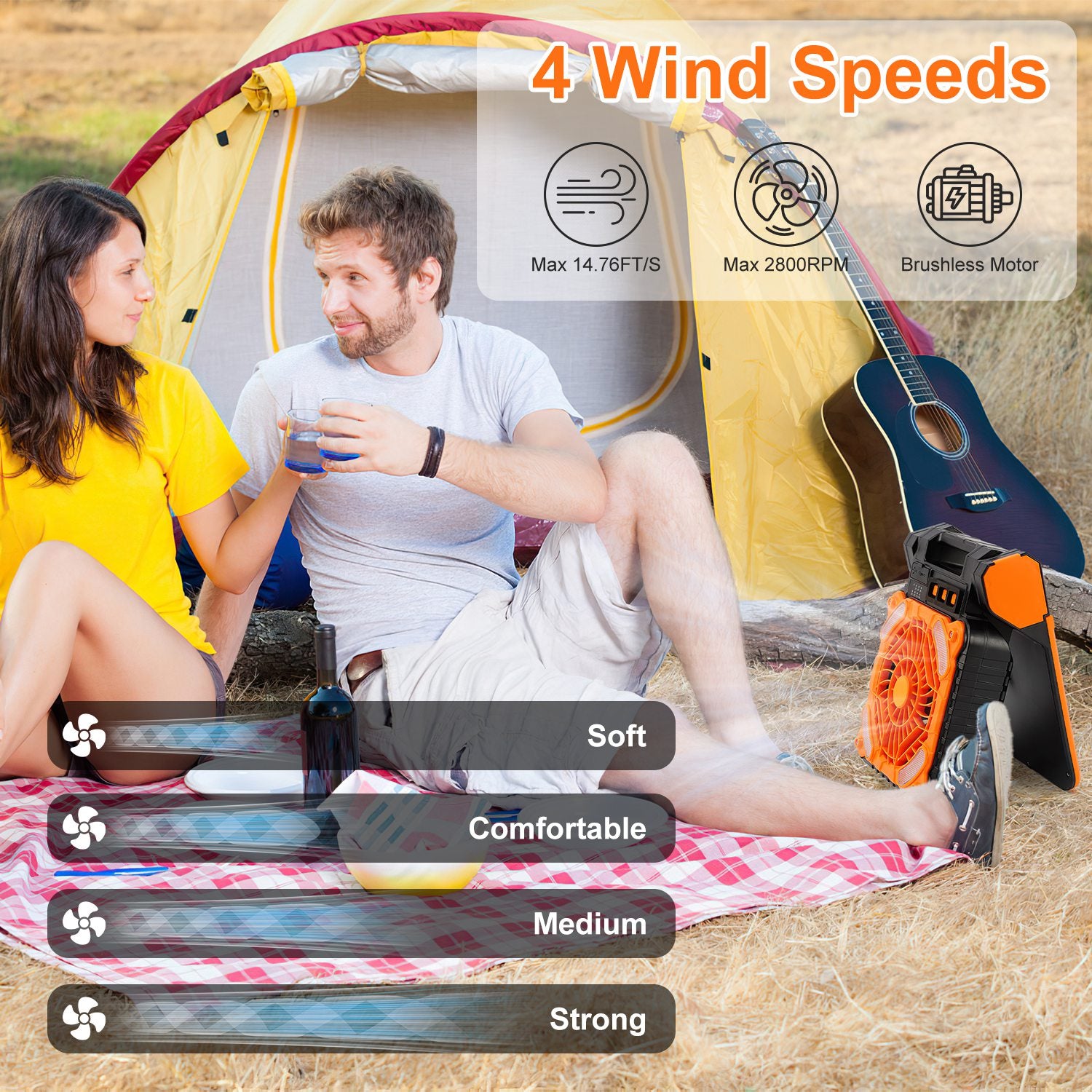 Solar Camping Fan With LED Lantern 5200mAh Rechargeable Battery Operated Portable Fan With Emergency Power Bank 4 Wind Speeds 3 Light Modes 3 Timers For Hiking Fishing Travel