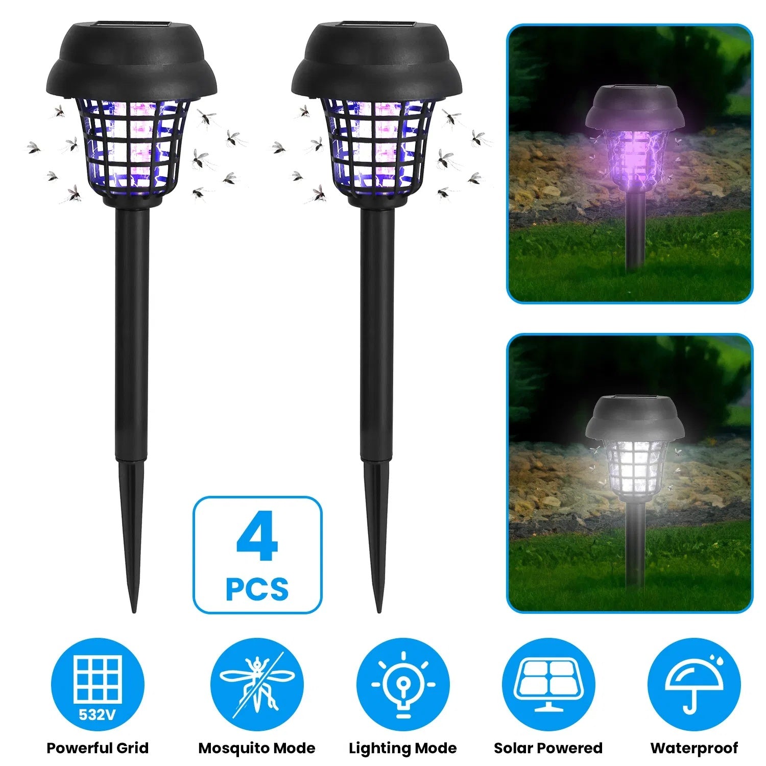 Solar Mosquito Zapper 4-Pack Dual Purple UV & White LED Modes