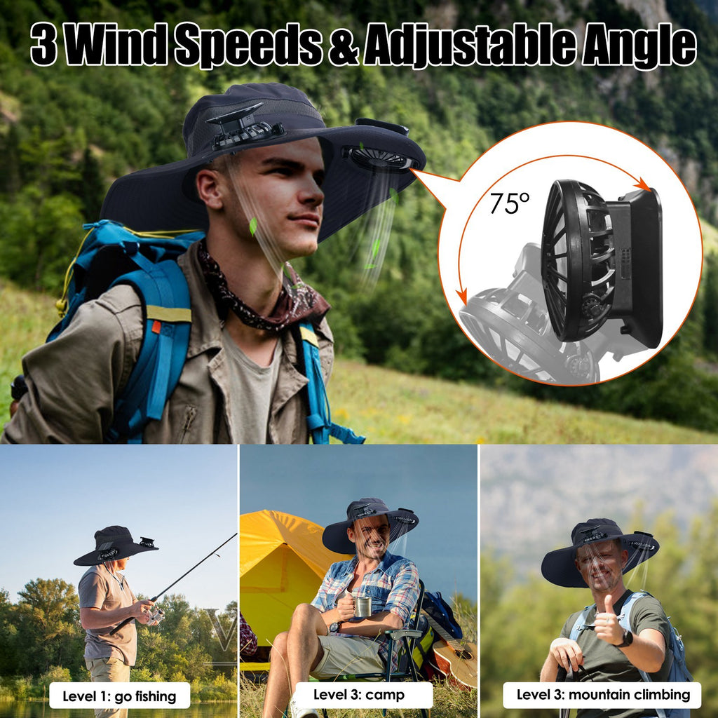 Outdoor Wide Brim Sun Hat With 2 Rechargeable Fans Solar Powered 3 Wind Speeds UPF50 Breathable Waterproof Nylon Mesh Outdoor Hat For Hiking Camping Hunting Fishing