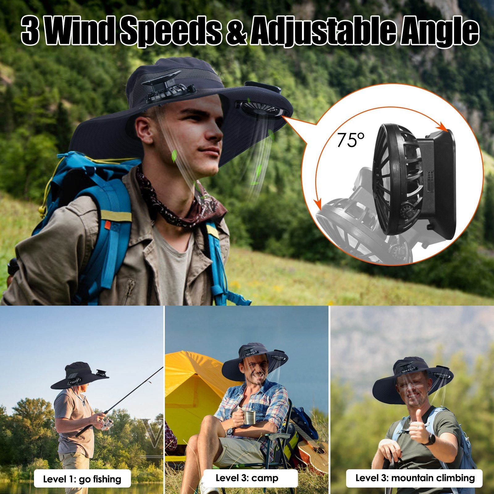Outdoor Wide Brim Sun Hat With 2 Rechargeable Fans Solar Powered 3 Wind Speeds UPF50 Breathable Waterproof Nylon Mesh Outdoor Hat For Hiking Camping Hunting Fishing