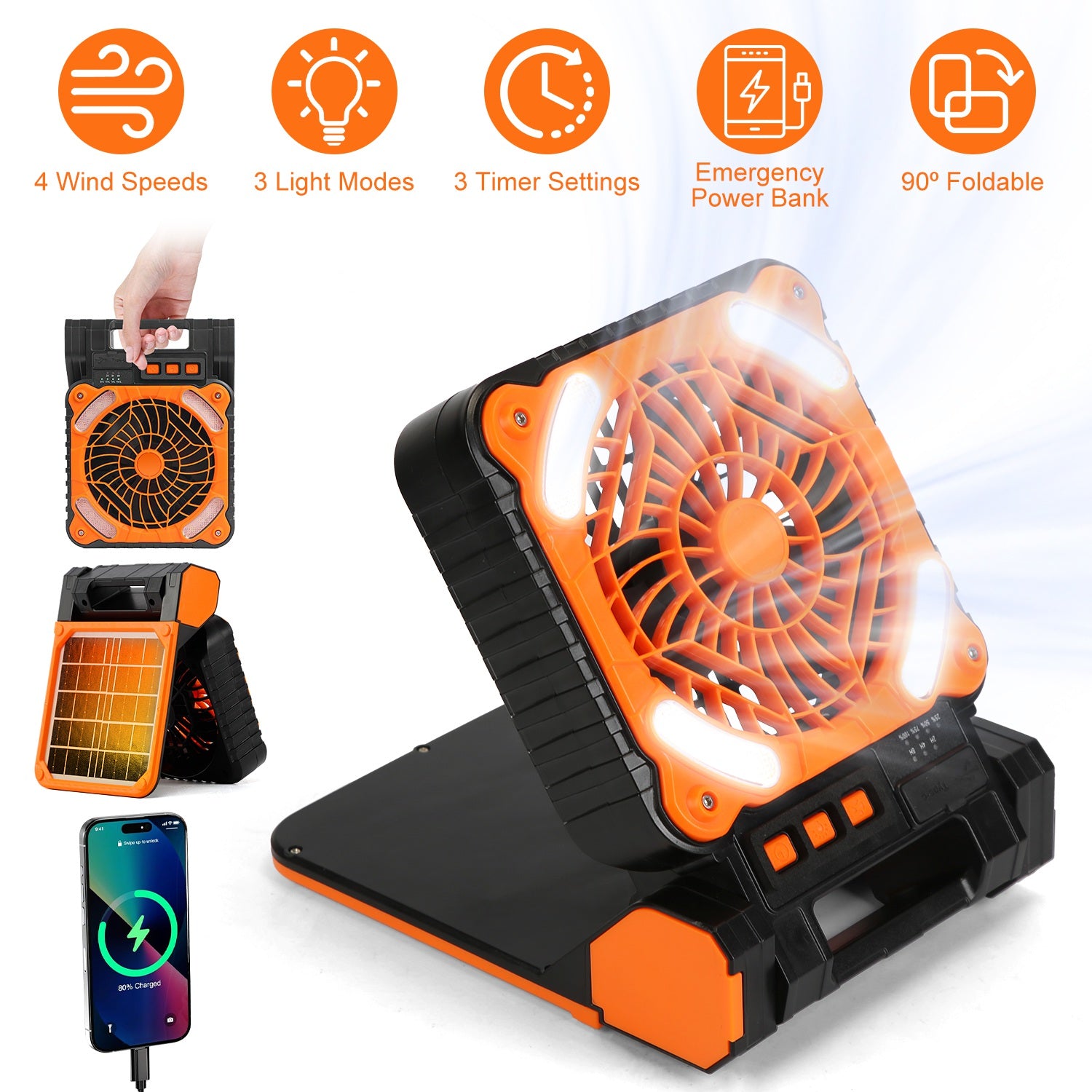 Solar Camping Fan With LED Lantern 5200mAh Rechargeable Battery Operated Portable Fan With Emergency Power Bank 4 Wind Speeds 3 Light Modes 3 Timers For Hiking Fishing Travel