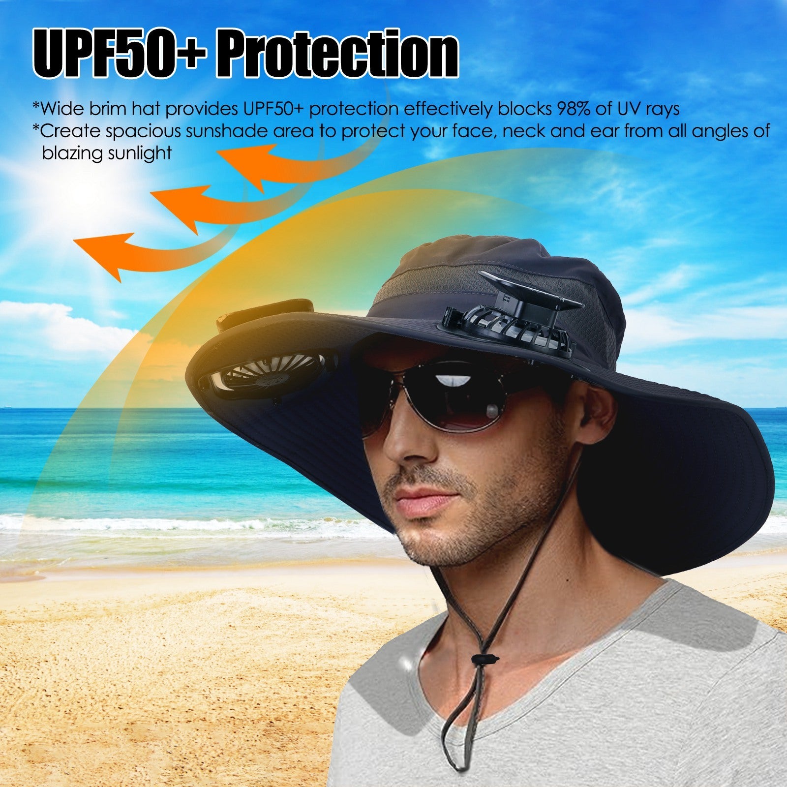 Outdoor Wide Brim Sun Hat With 2 Rechargeable Fans Solar Powered 3 Wind Speeds UPF50 Breathable Waterproof Nylon Mesh Outdoor Hat For Hiking Camping Hunting Fishing