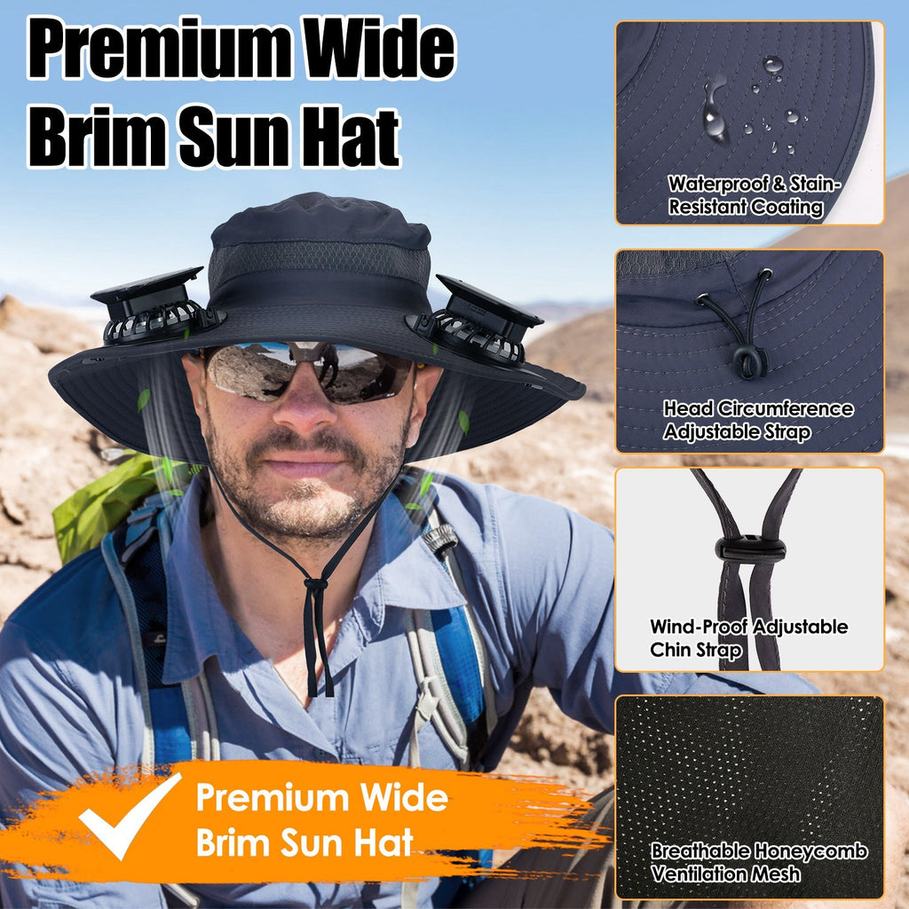 Outdoor Wide Brim Sun Hat With 2 Rechargeable Fans Solar Powered 3 Wind Speeds UPF50 Breathable Waterproof Nylon Mesh Outdoor Hat For Hiking Camping Hunting Fishing