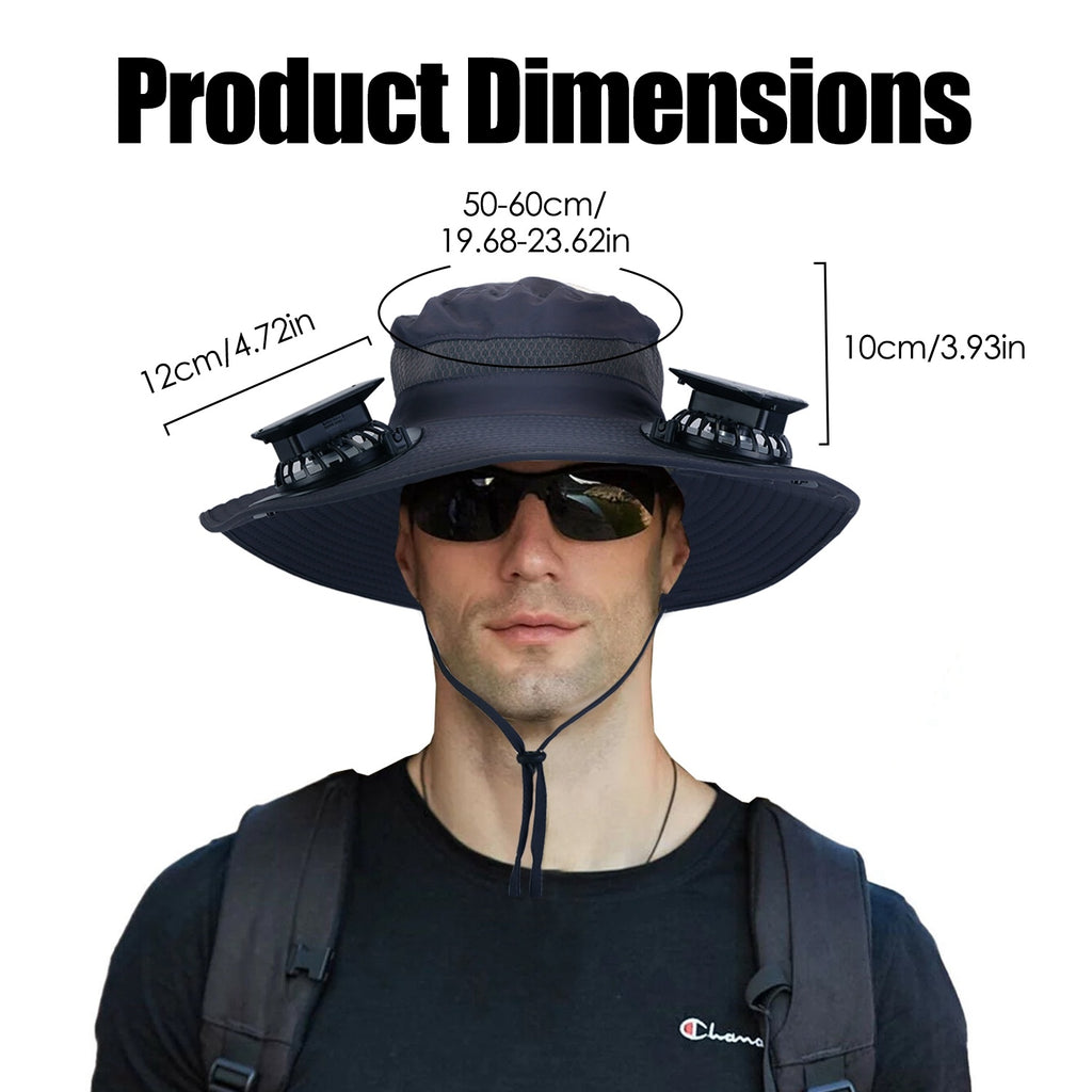 Outdoor Wide Brim Sun Hat With 2 Rechargeable Fans Solar Powered 3 Wind Speeds UPF50 Breathable Waterproof Nylon Mesh Outdoor Hat For Hiking Camping Hunting Fishing